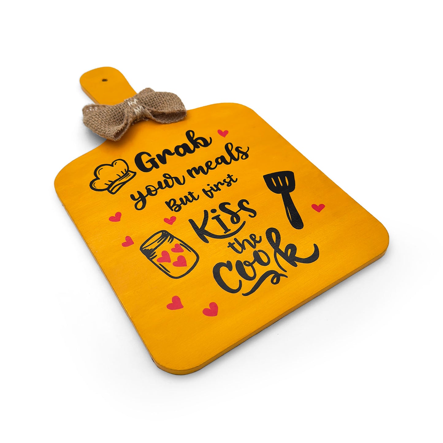 Grab Your Meals But First Kiss The Cook Hand-Painted Wooden Chopping Board Kitchen Wall Hanging - Yellow