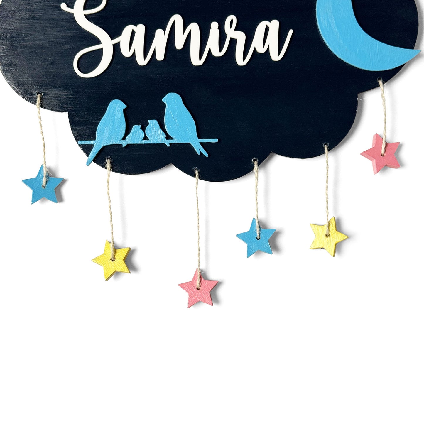 Cloud & Bird Themed Hand-Painted Wooden Kids Name Plate