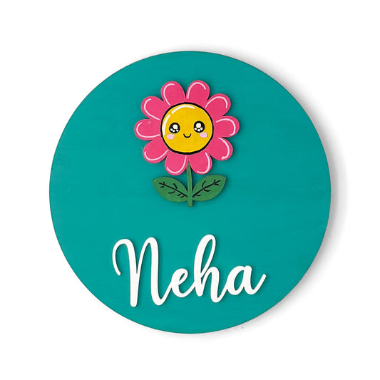 Flower Themed Hand-Painted Wooden Name Plate For Kids