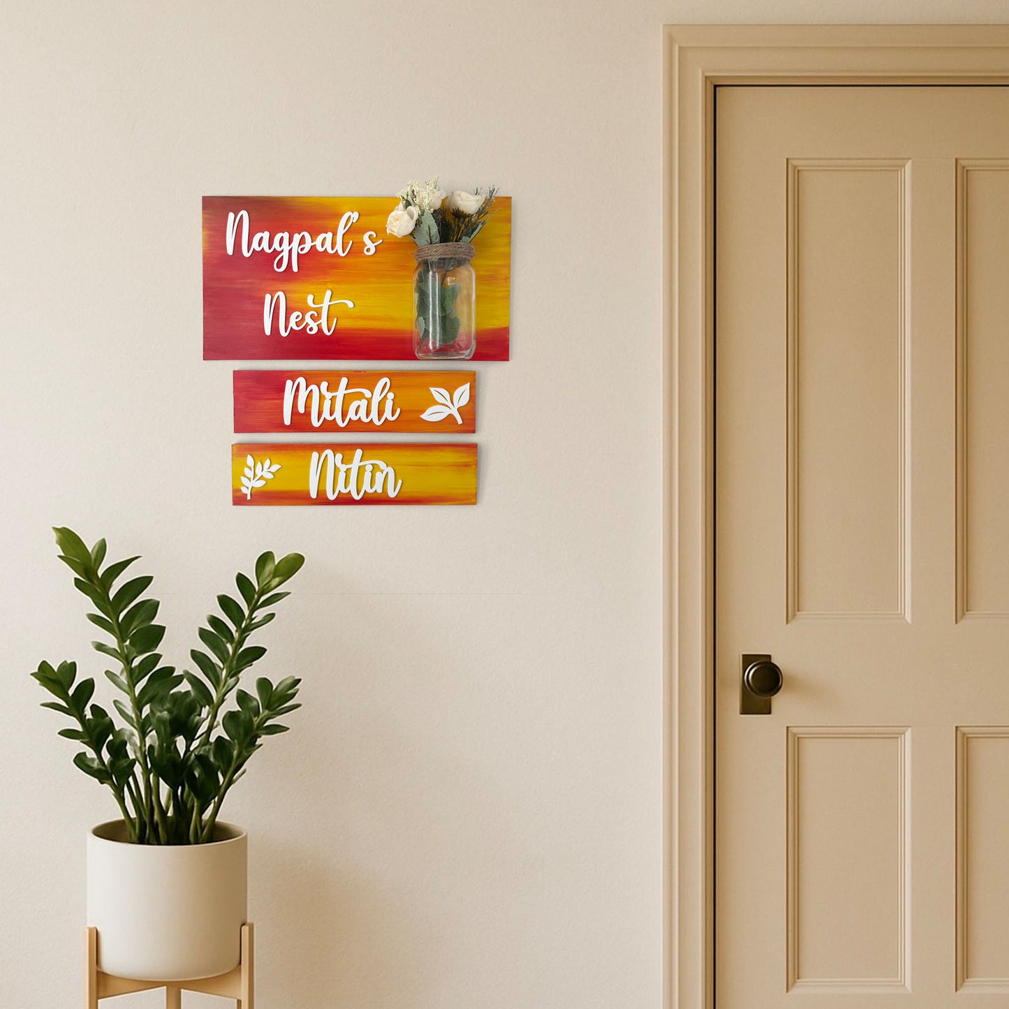 Hand-Painted Wooden Name Plate With Jar For Home - Jar Board & Two Planks