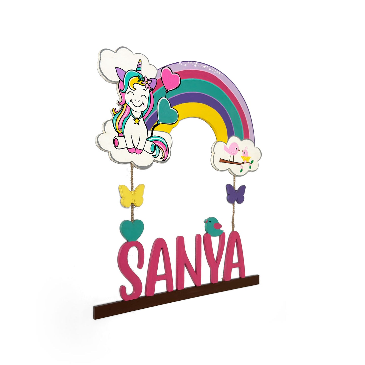 Unicorn Themed Hand-Painted Wooden Kids Name Plate - Design 1
