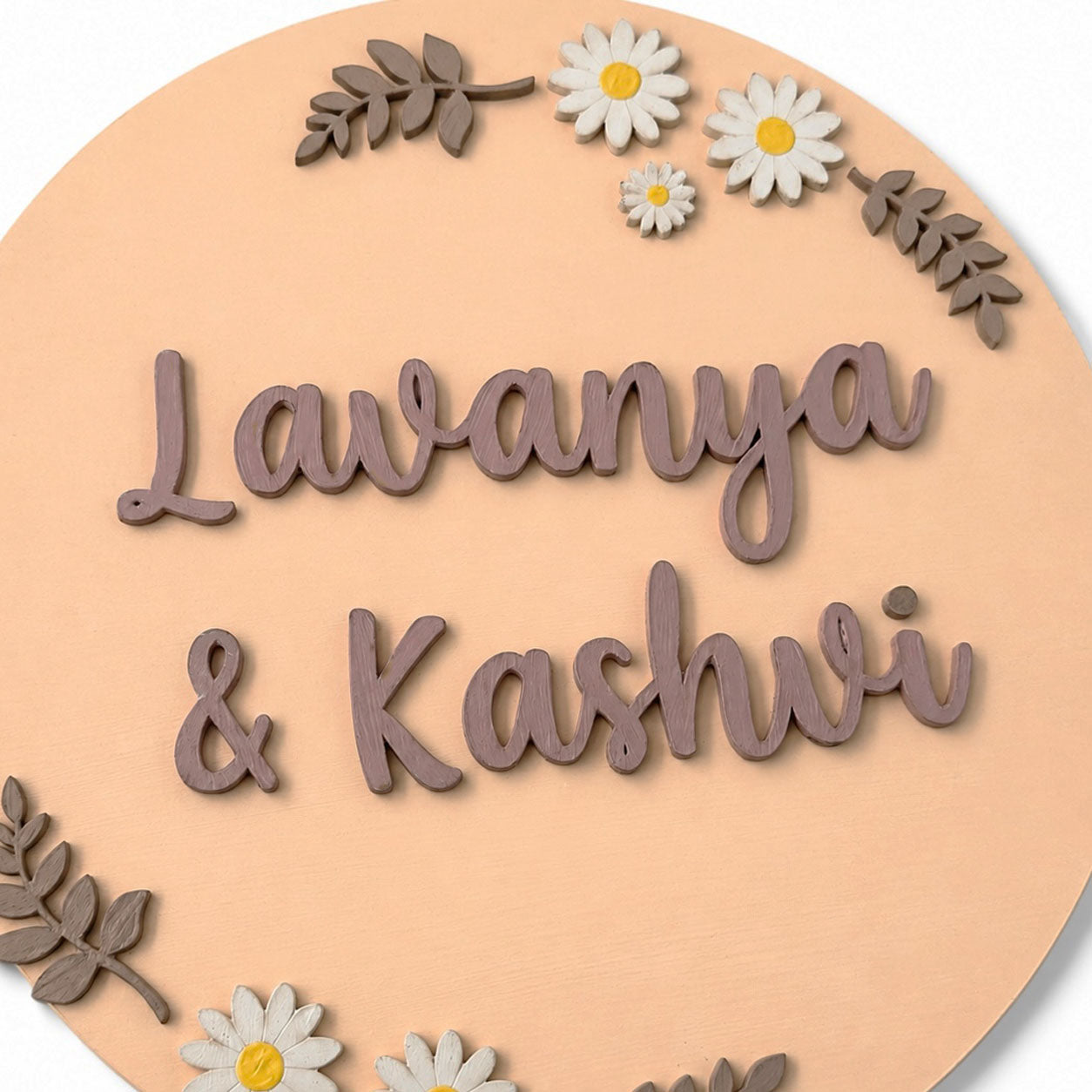 Flowers Themed Hand-Painted Wooden Round Kids Name Plate - Design 1