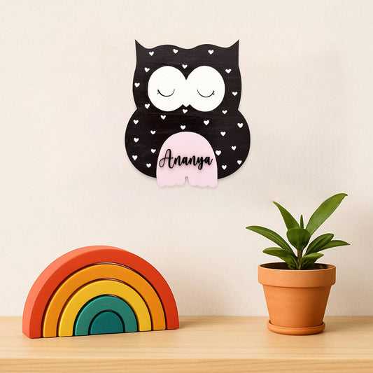 Owl Themed Hand-Painted Wooden Kids Name Plate - Plum
