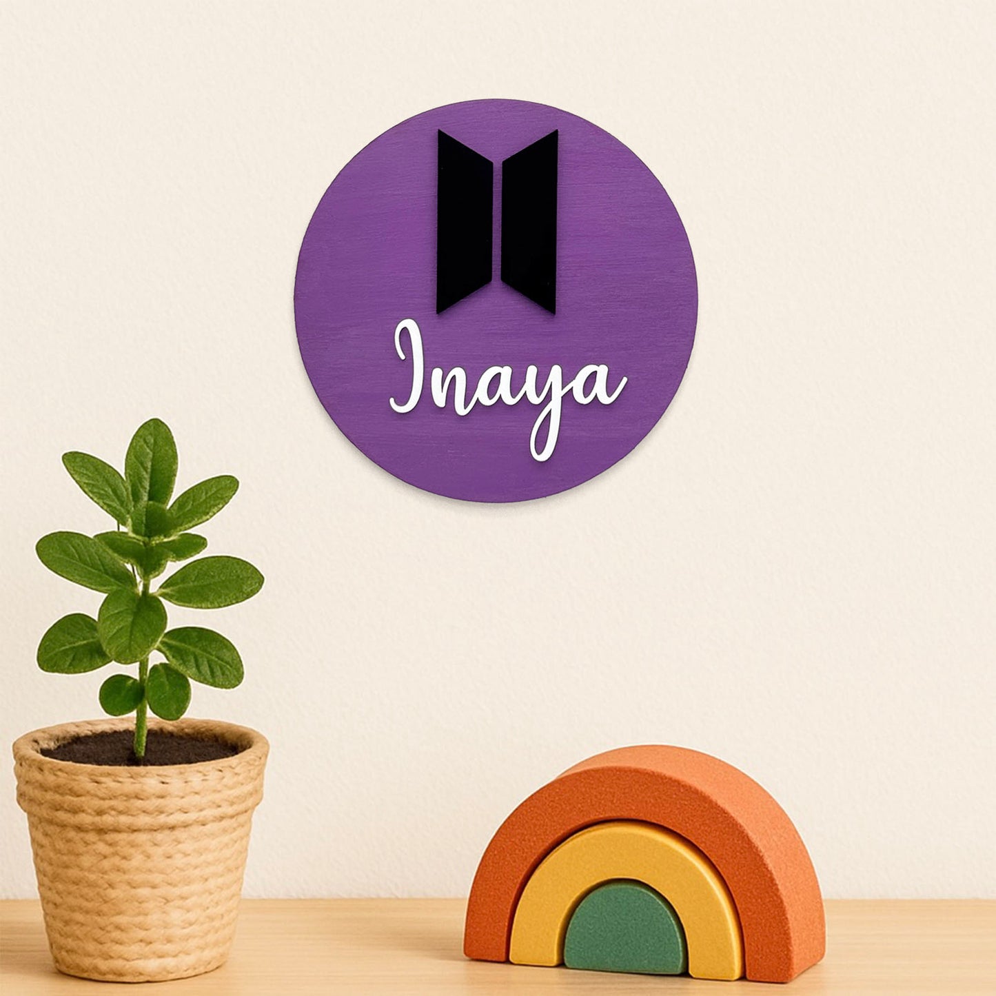 BTS Themed Hand-Painted Wooden Mini Kids Name Plate