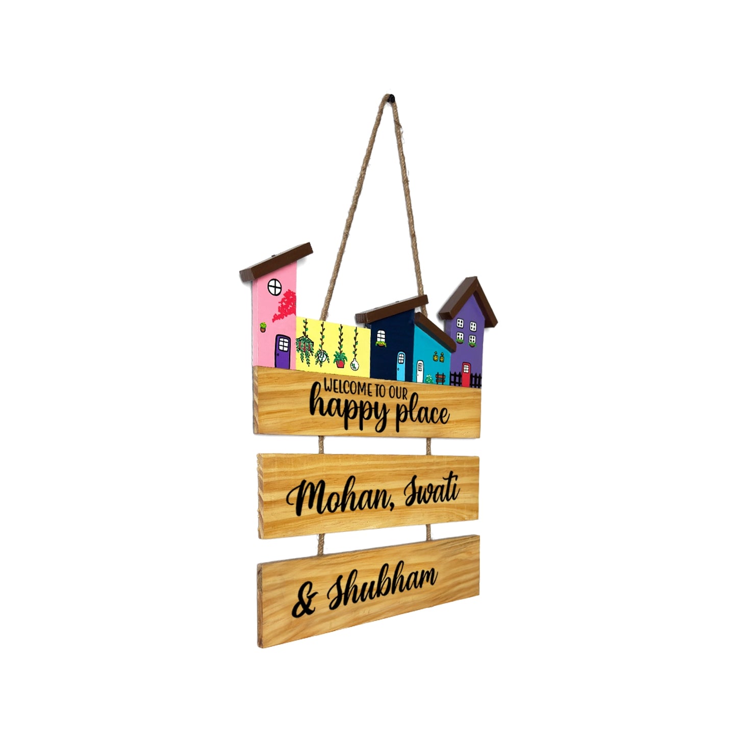 Hut-Shaped Hand-Painted Wooden Name Plate For Home - Hut Board & Two Planks Design 5