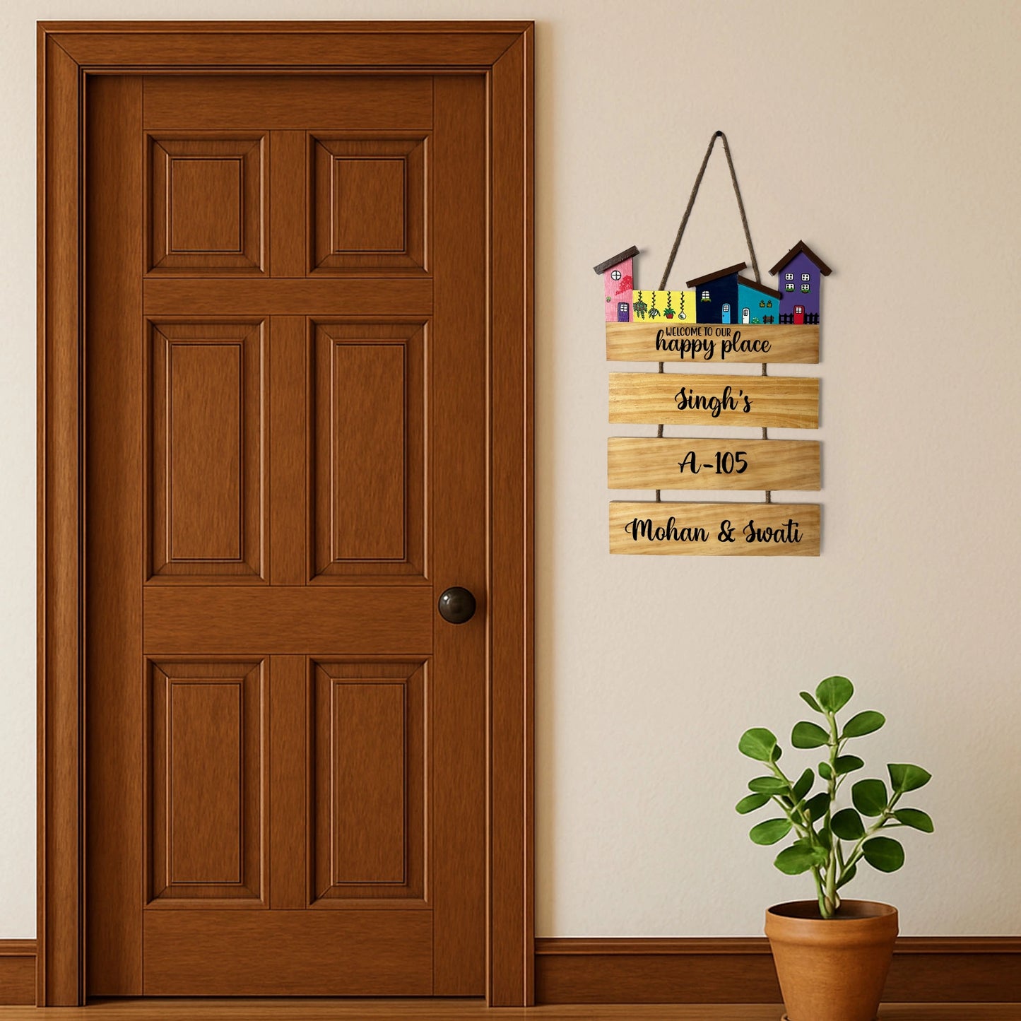 Hut-Shaped Hand-Painted Wooden Name Plate For Home - Hut Board & Three Planks Design 5