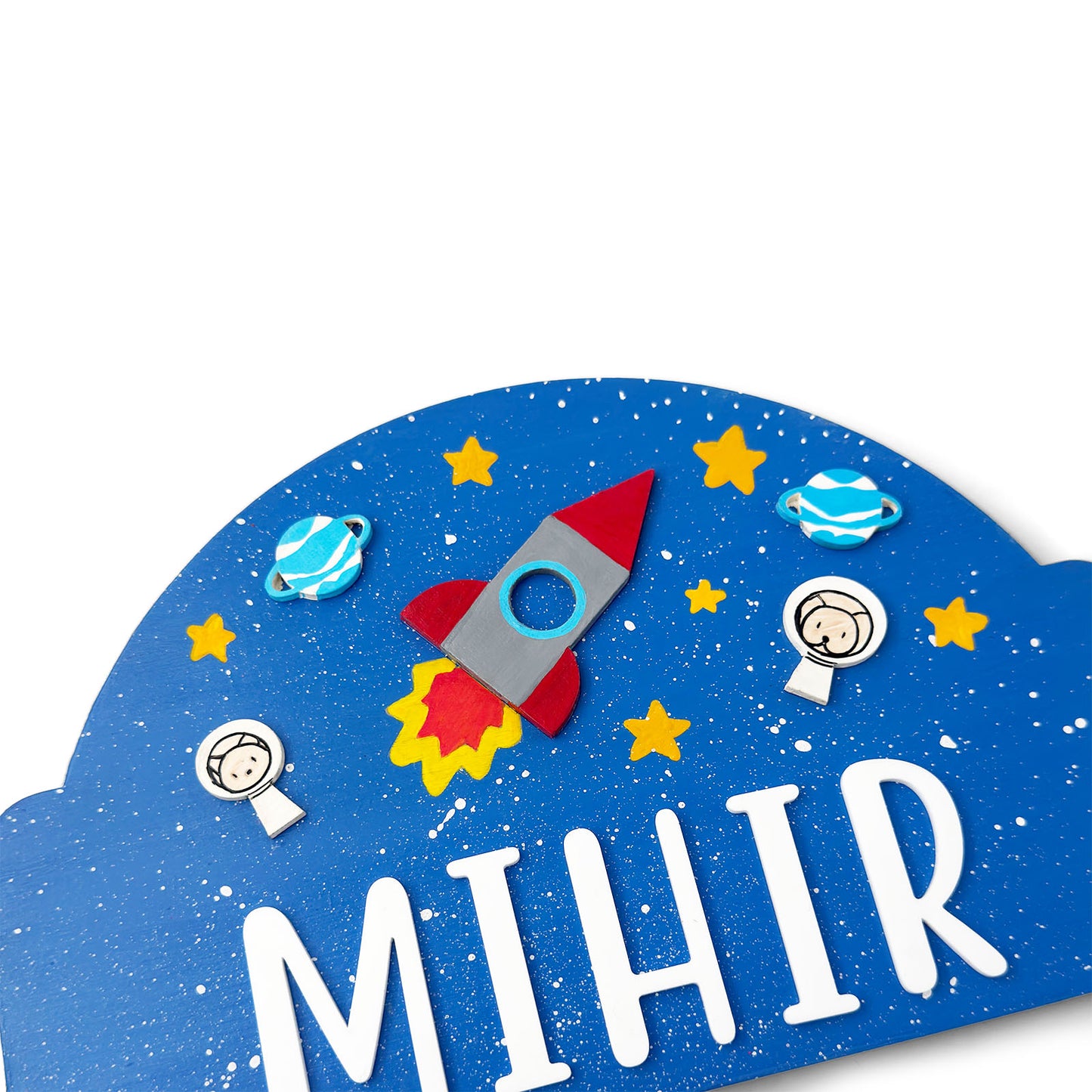 Space Themed Hand-Painted Wooden Arch-Shaped Kids Name Plate - Design 2