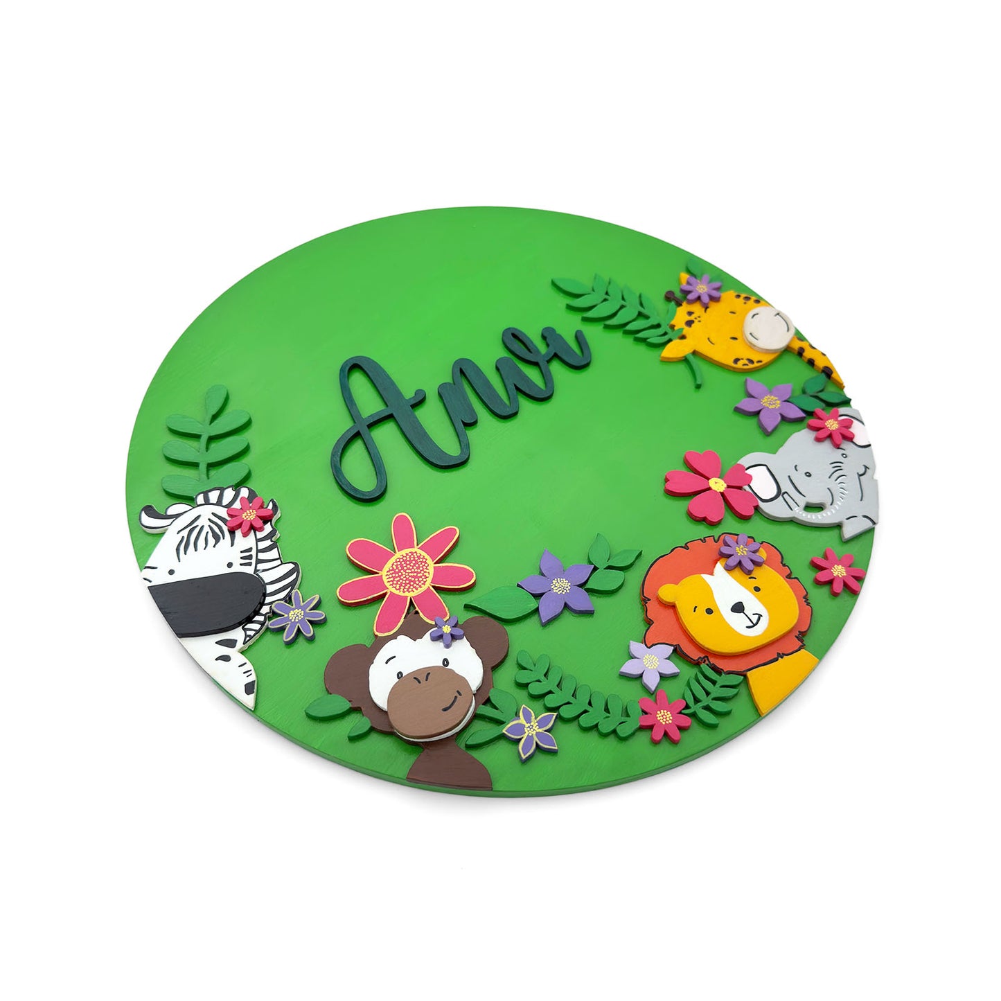 Animal Themed Hand-Painted Wooden Round Kids Name Plate - Design 2