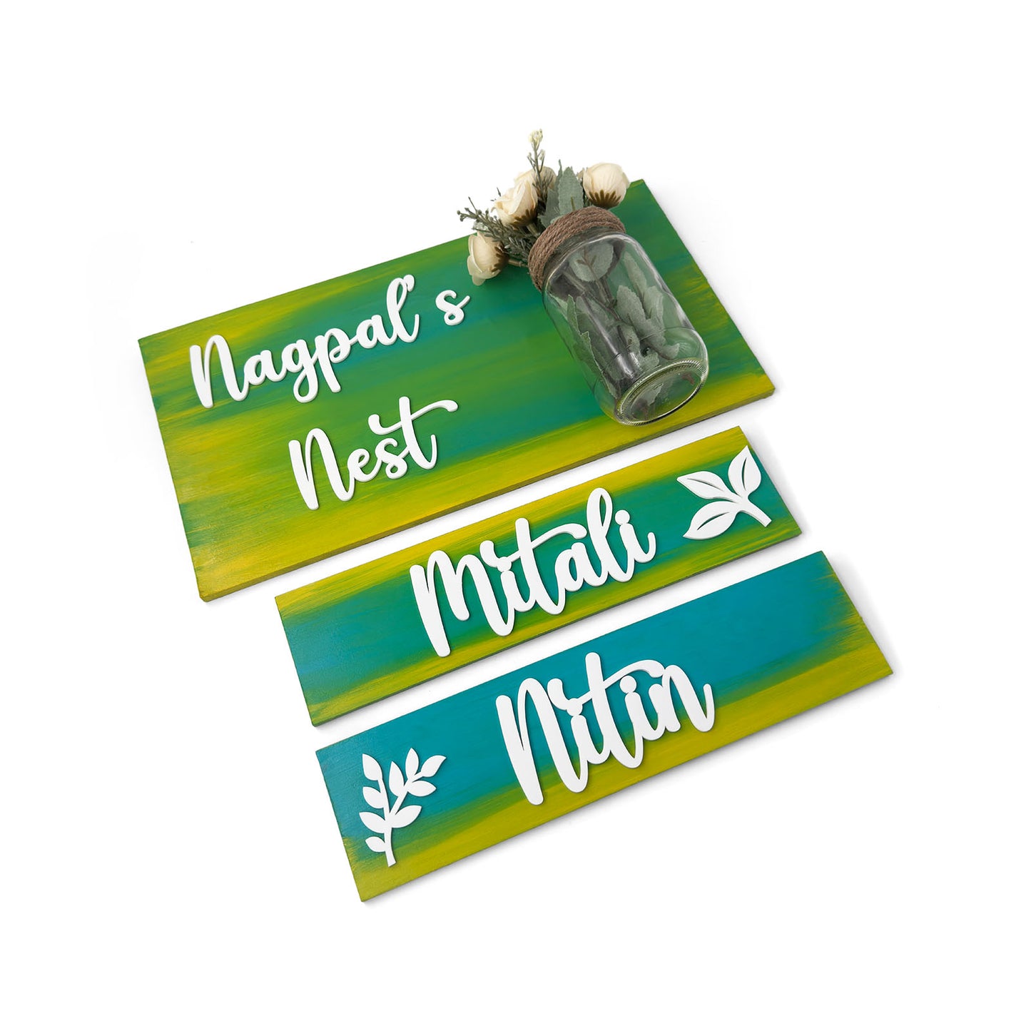 Hand-Painted Wooden Name Plate With Jar For Home - Jar Board & Two Planks