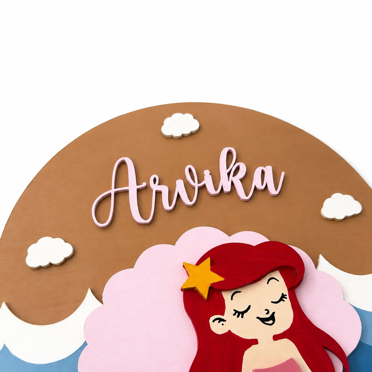 Mermaid Themed Hand-Painted Wooden Round Kids Name Plate - Design 2