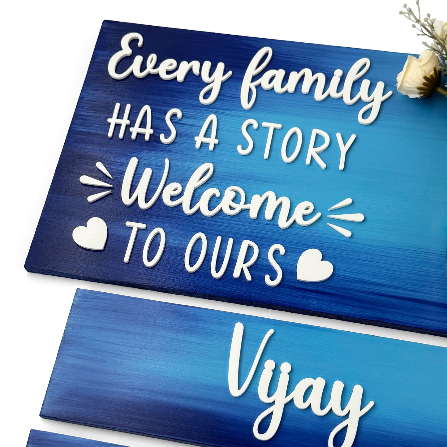 Every Family Has A Story Welcome To Ours Hand-Painted Wooden Name Plate With Jar For Home - Jar Board & Two Planks