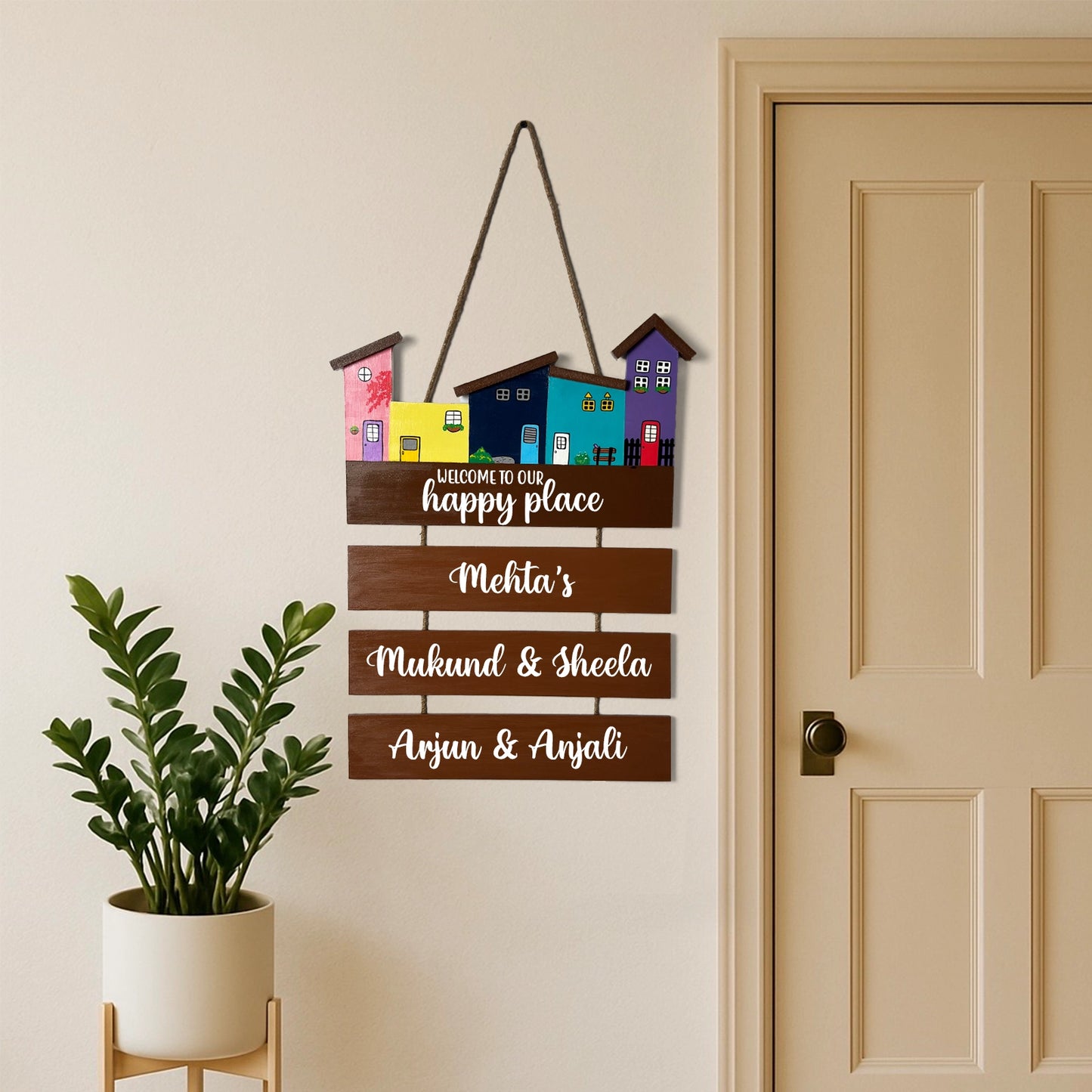 Hut-Shaped Hand-Painted Wooden Name Plate For Home - Hut Board & Three Planks Design 3