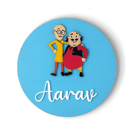Motu Patlu Themed Hand-Painted Wooden Name Plate For Kids