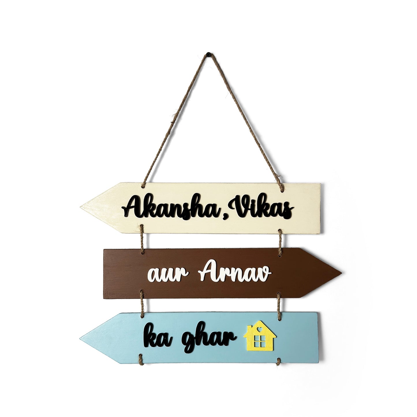 Ghar Hand-Painted Wooden Arrow Plank Name Plate For Home