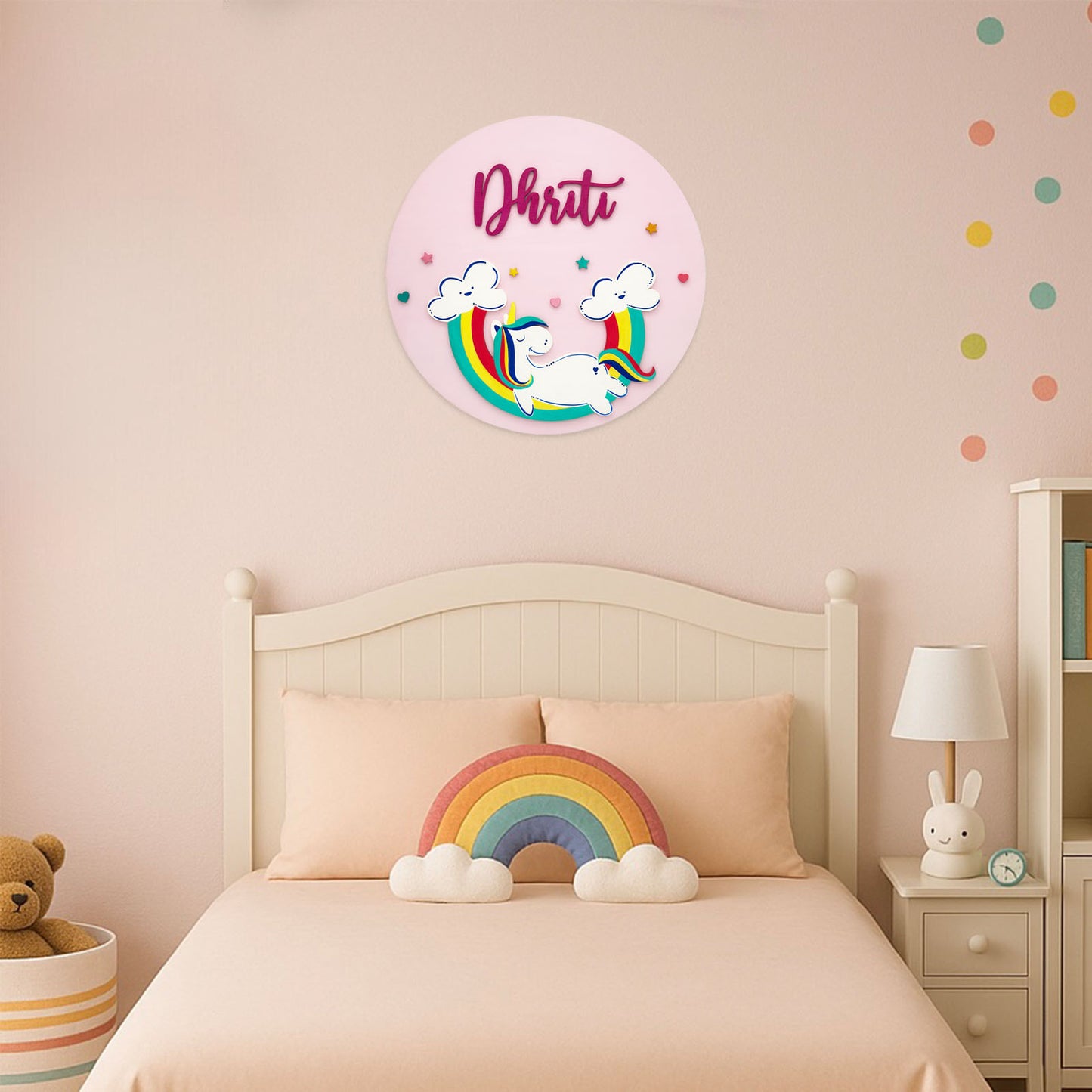Unicorn Themed Hand-Painted Wooden Round Kids Name Plate - Design 2