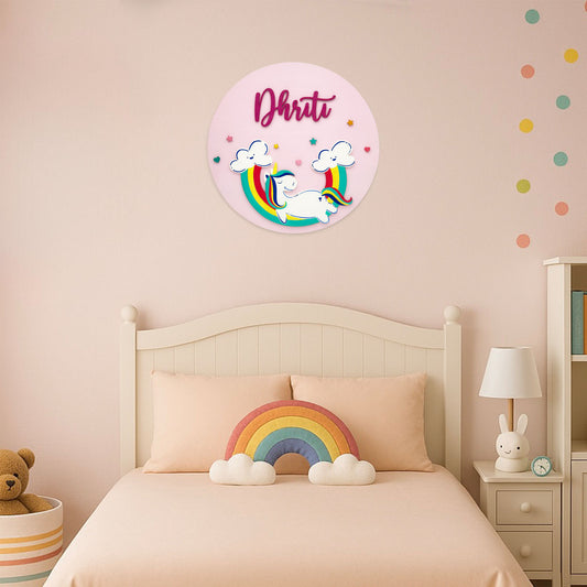 Unicorn Themed Hand-Painted Wooden Round Kids Name Plate - Design 2