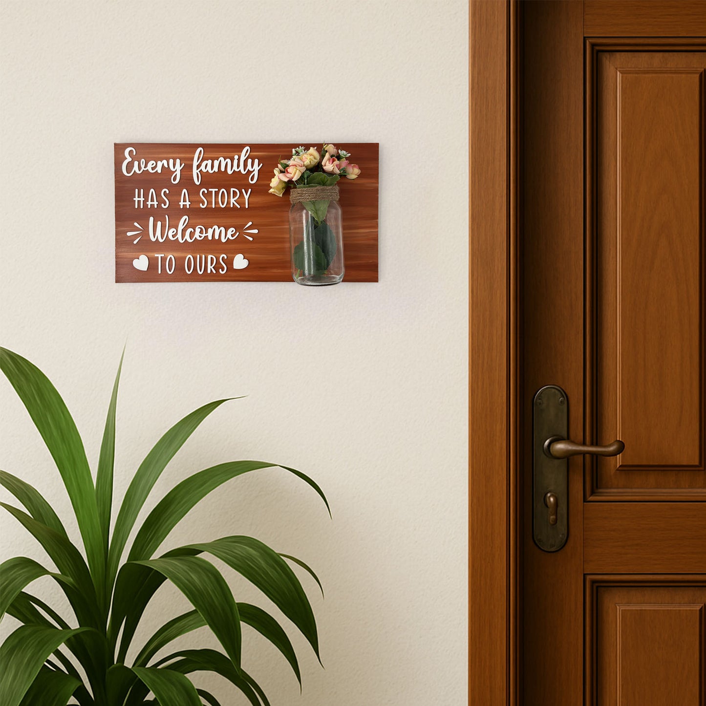 Every Family Has A Story Welcome To Ours Hand-Painted Wooden Name Plate With Jar For Home - Only Jar Board