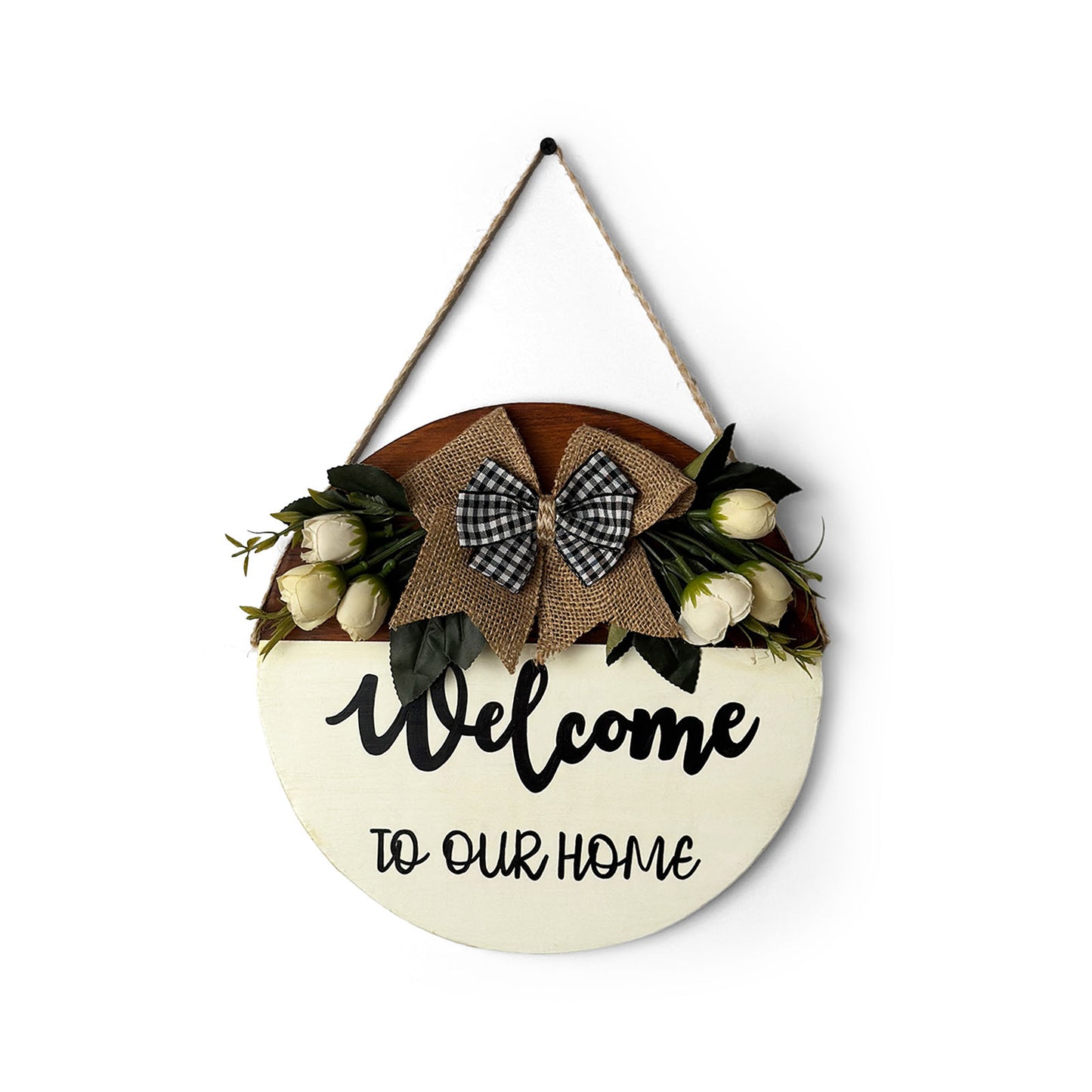 Welcome To Our Home Hand-Painted Wooden Door Hanger With White Flowers