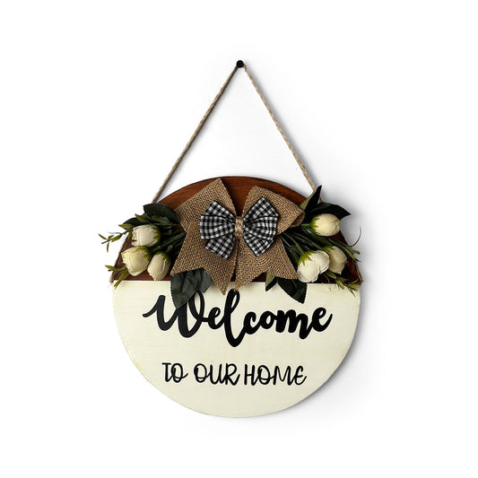 Welcome To Our Home Hand-Painted Wooden Door Hanger With White Flowers