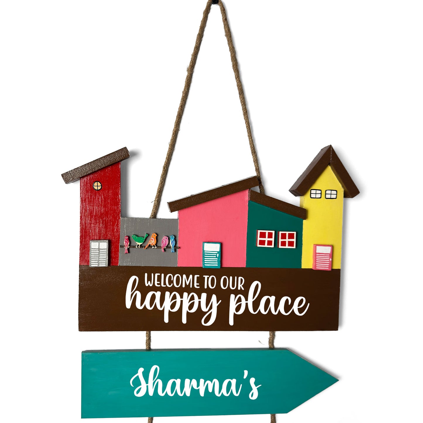 Hut-Shaped Hand-Painted Wooden Name Plate For Home - Hut Board & Four Planks Design 4