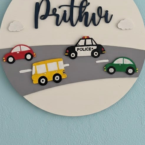 Vehicles Themed Hand-Painted Wooden Roumd Kids Name Plate - Design 1