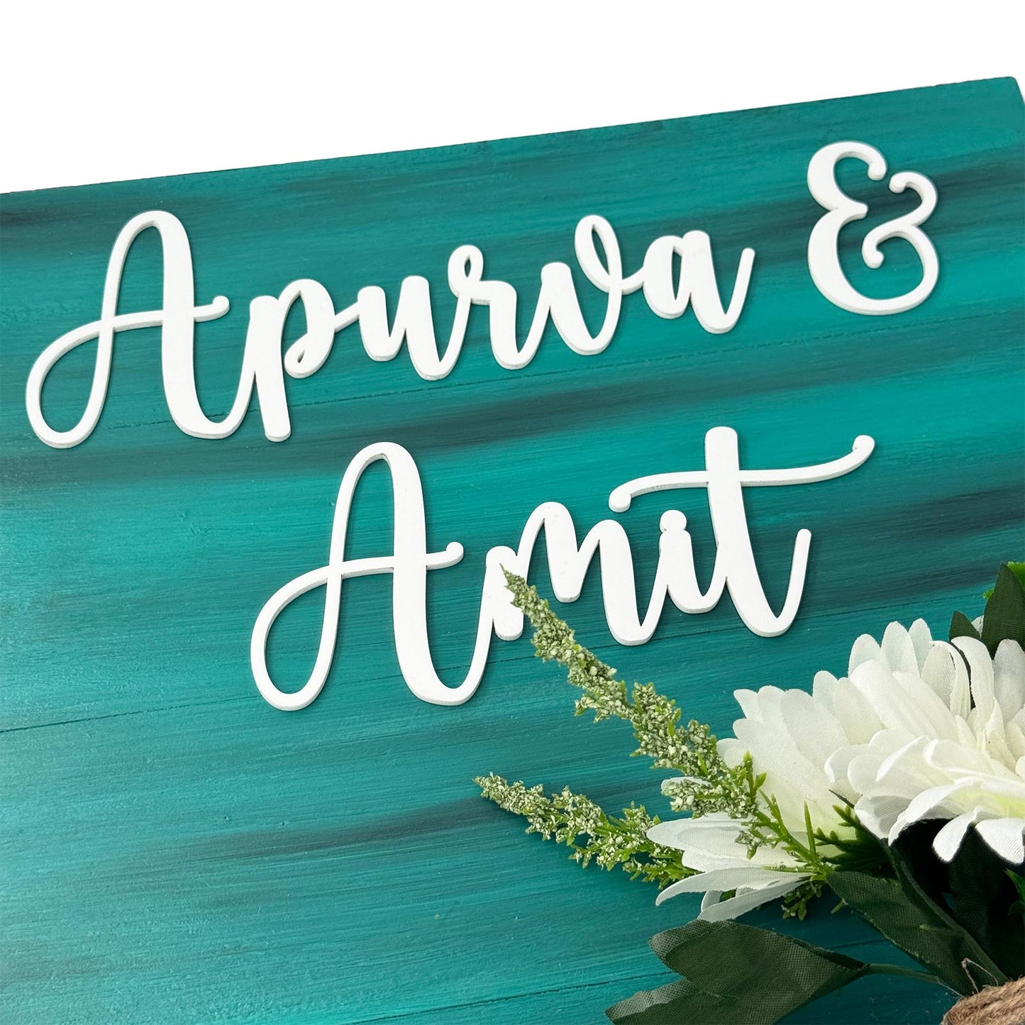 Teal Hand-Painted Wooden Name Plate With Jar For Home - Design 1