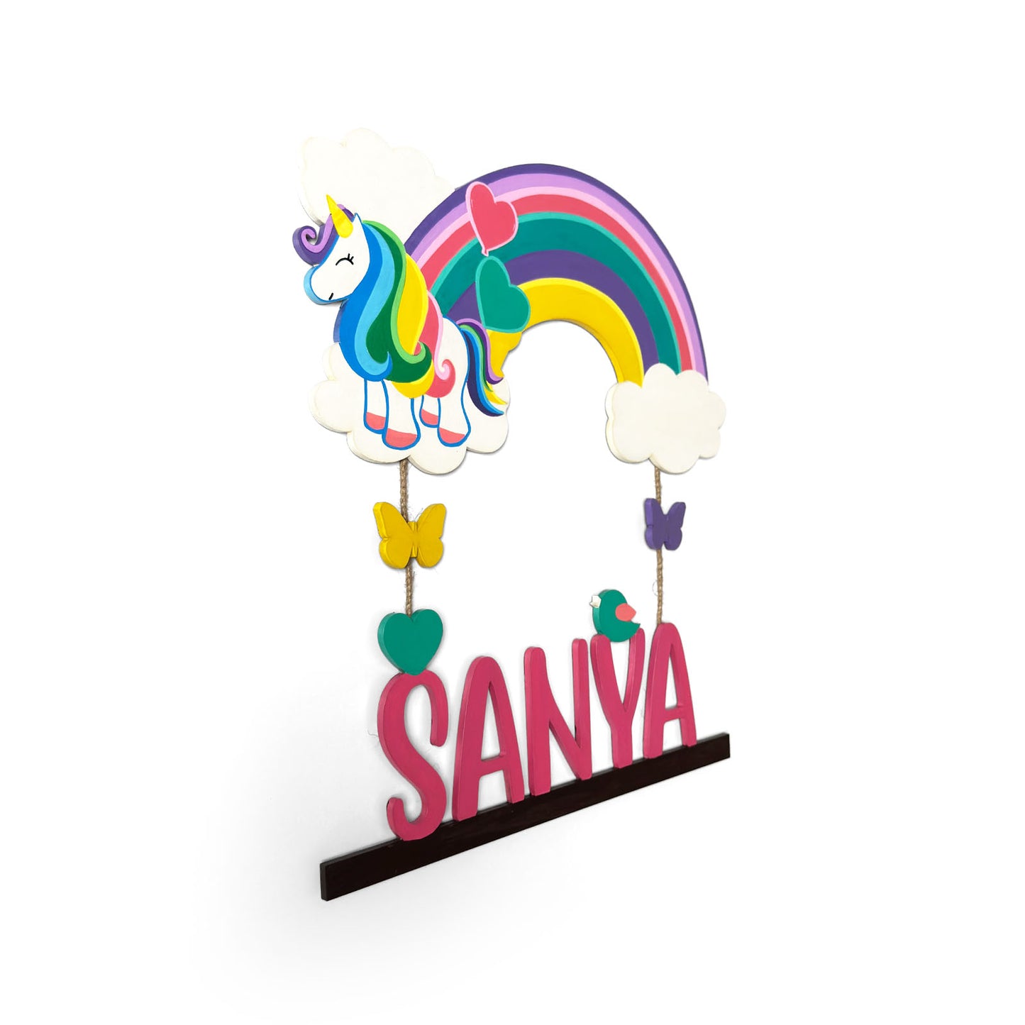 Unicorn Themed Hand-Painted Wooden Kids Name Plate - Design 2