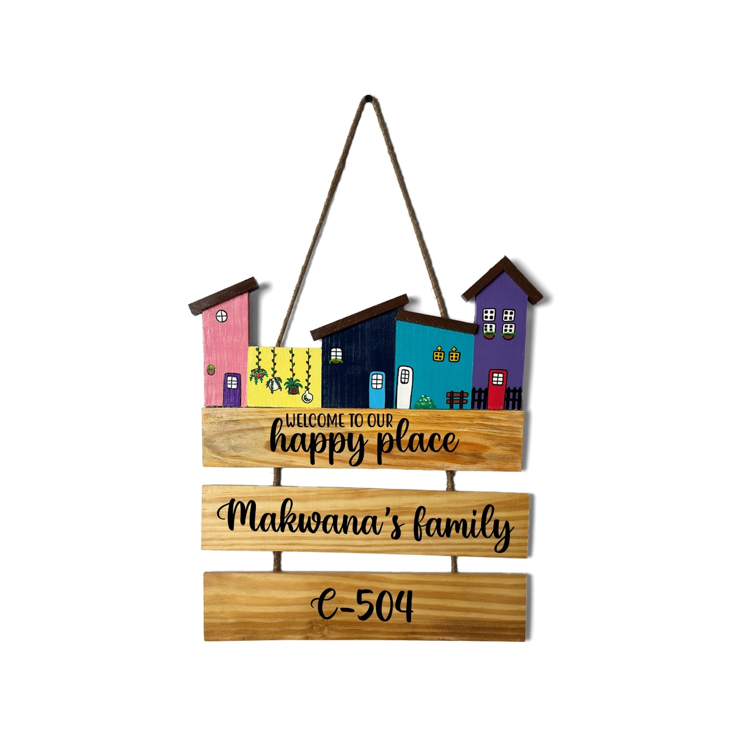 Hut-Shaped Hand-Painted Wooden Name Plate For Home - Hut Board & Two Planks Design 5