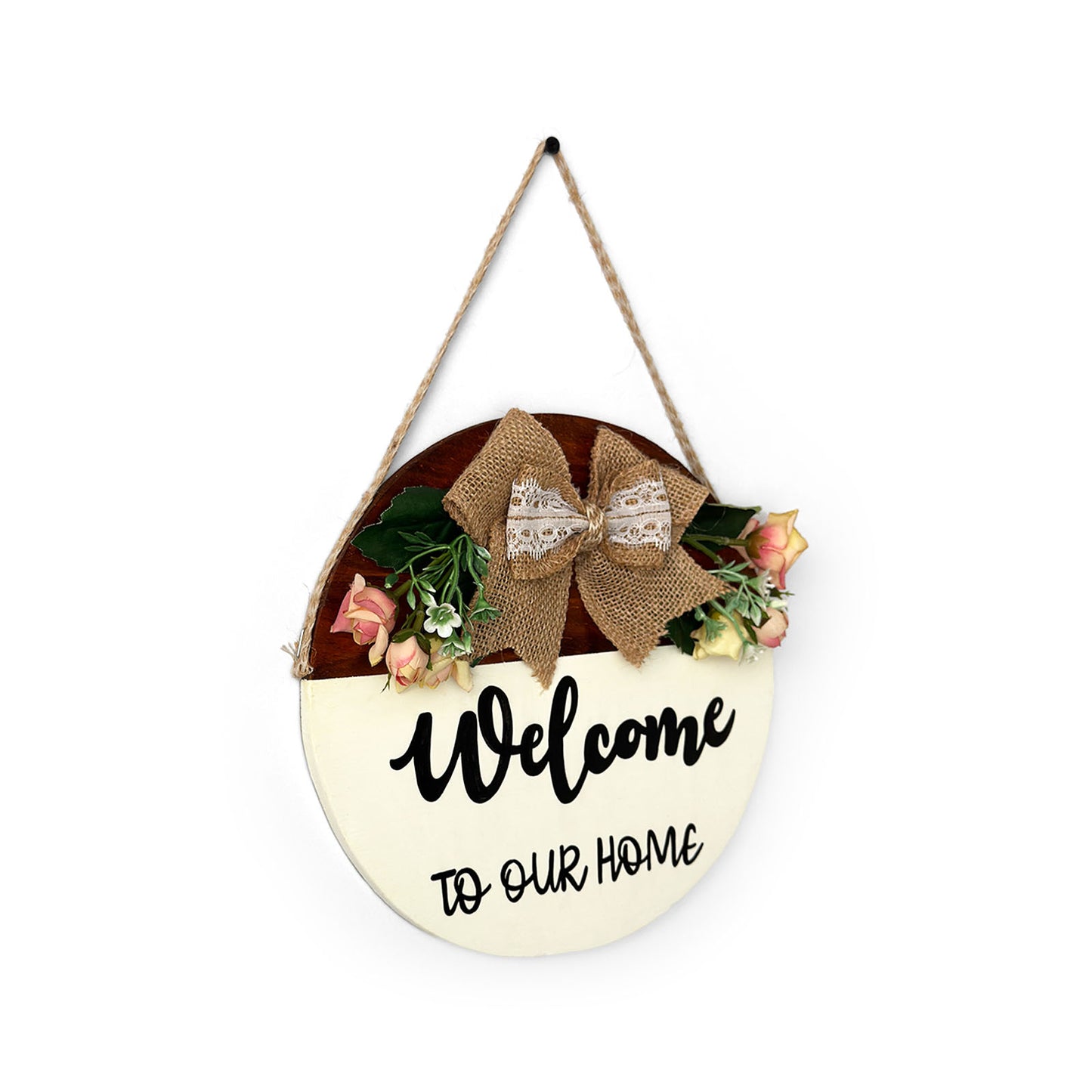 Welcome To Our Home Hand-Painted Wooden Door Hanger With Pink Flowers