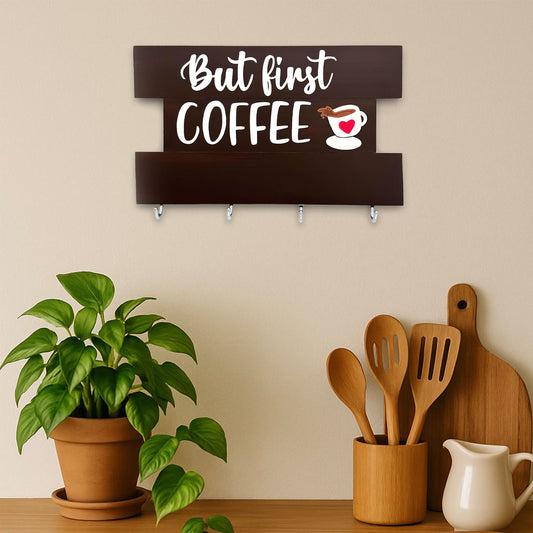 But First COFFEE Hand-Painted Wooden Kitchen Mug Holder - Brown