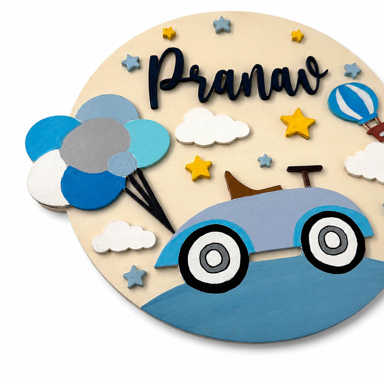 Car Themed Hand-Painted Wooden Round Kids Name Plate - Design 1