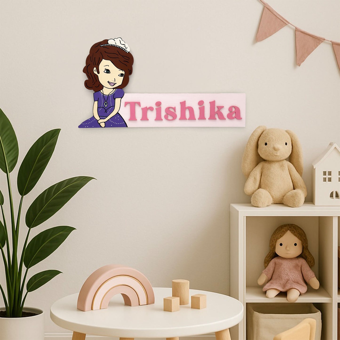 Princess Themed Hand-Painted Wooden Kids Name Plate