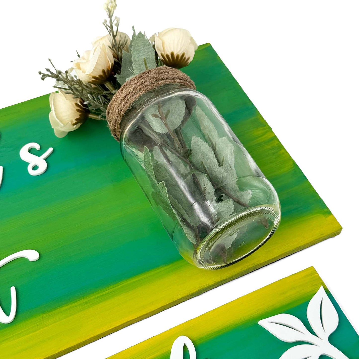 Hand-Painted Wooden Name Plate With Jar For Home - Jar Board & Two Planks