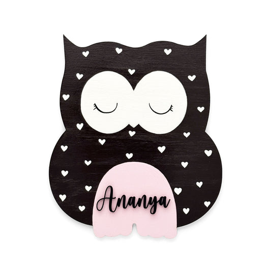 Owl Themed Hand-Painted Wooden Kids Name Plate - Plum