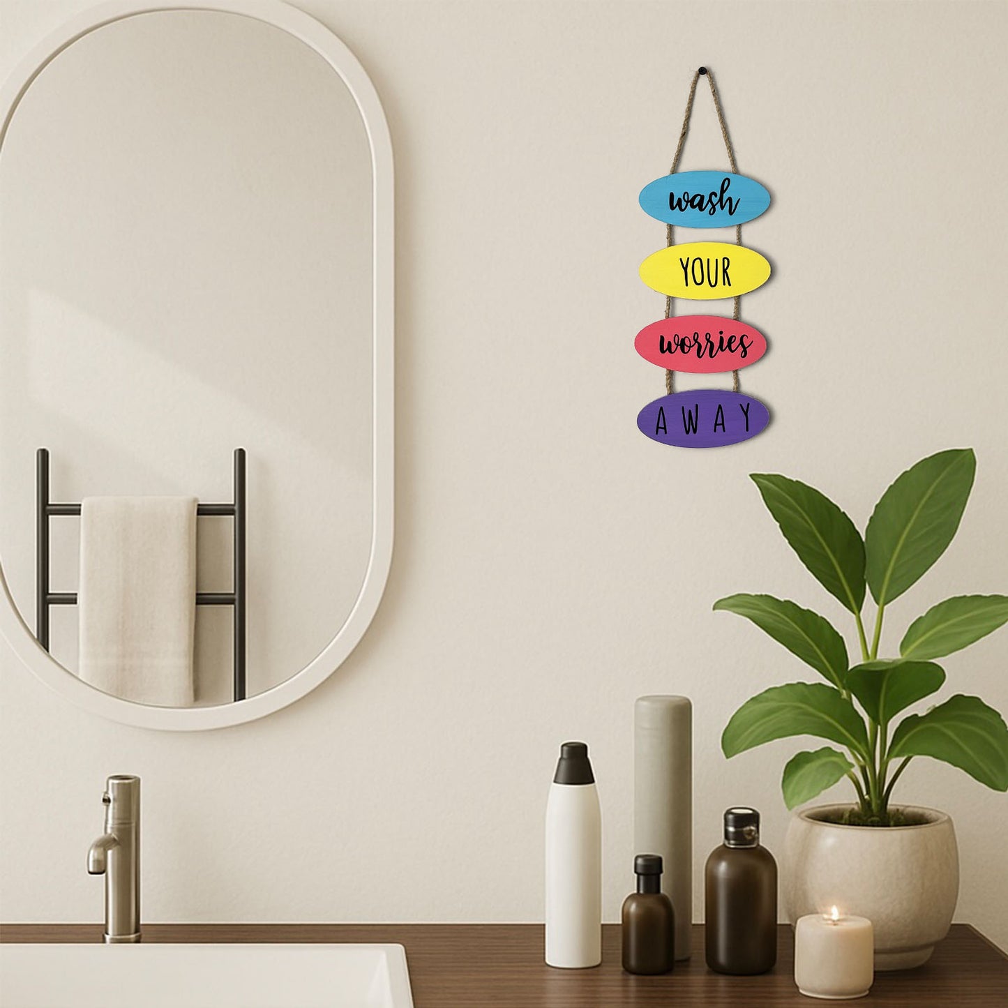Wash Your Worries Away Hand-Painted Wooden Washroom Hanging