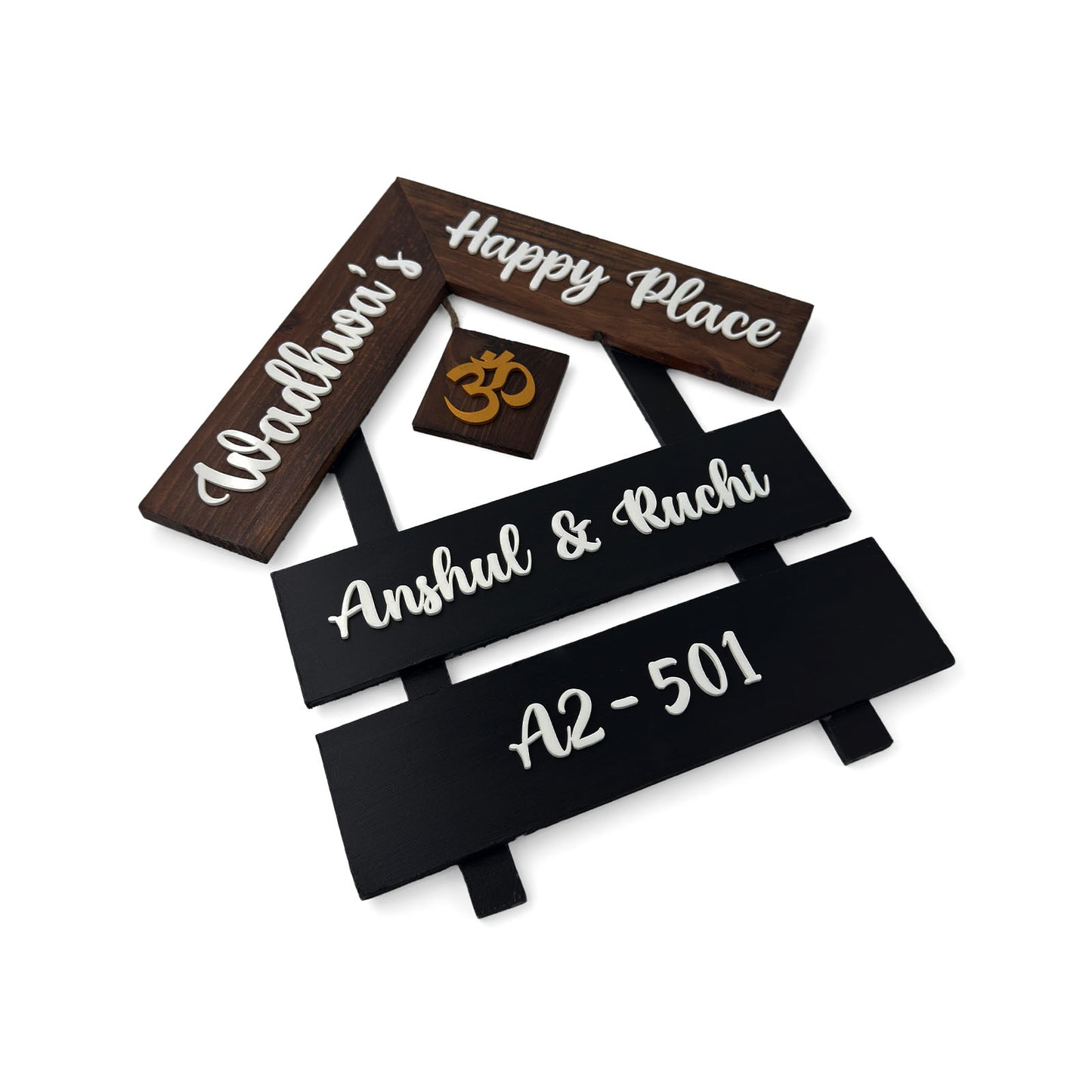 House With Roof And Double Plank Hand-Painted Wooden Hut-Shaped Name Plate For Home - Black & Wooden Finish