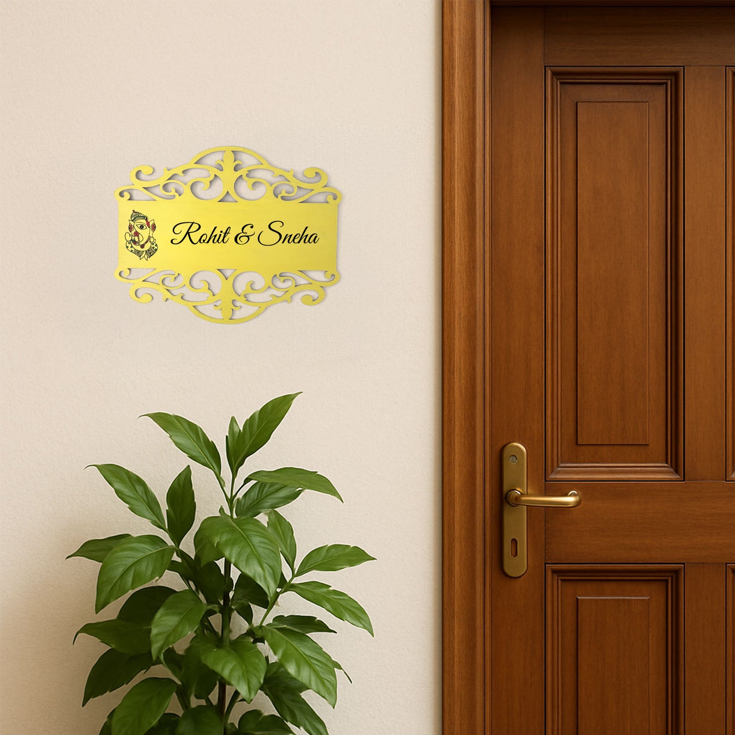 Ganesha Artwork Hand-Painted Wooden Madhubani Name Plate For Home