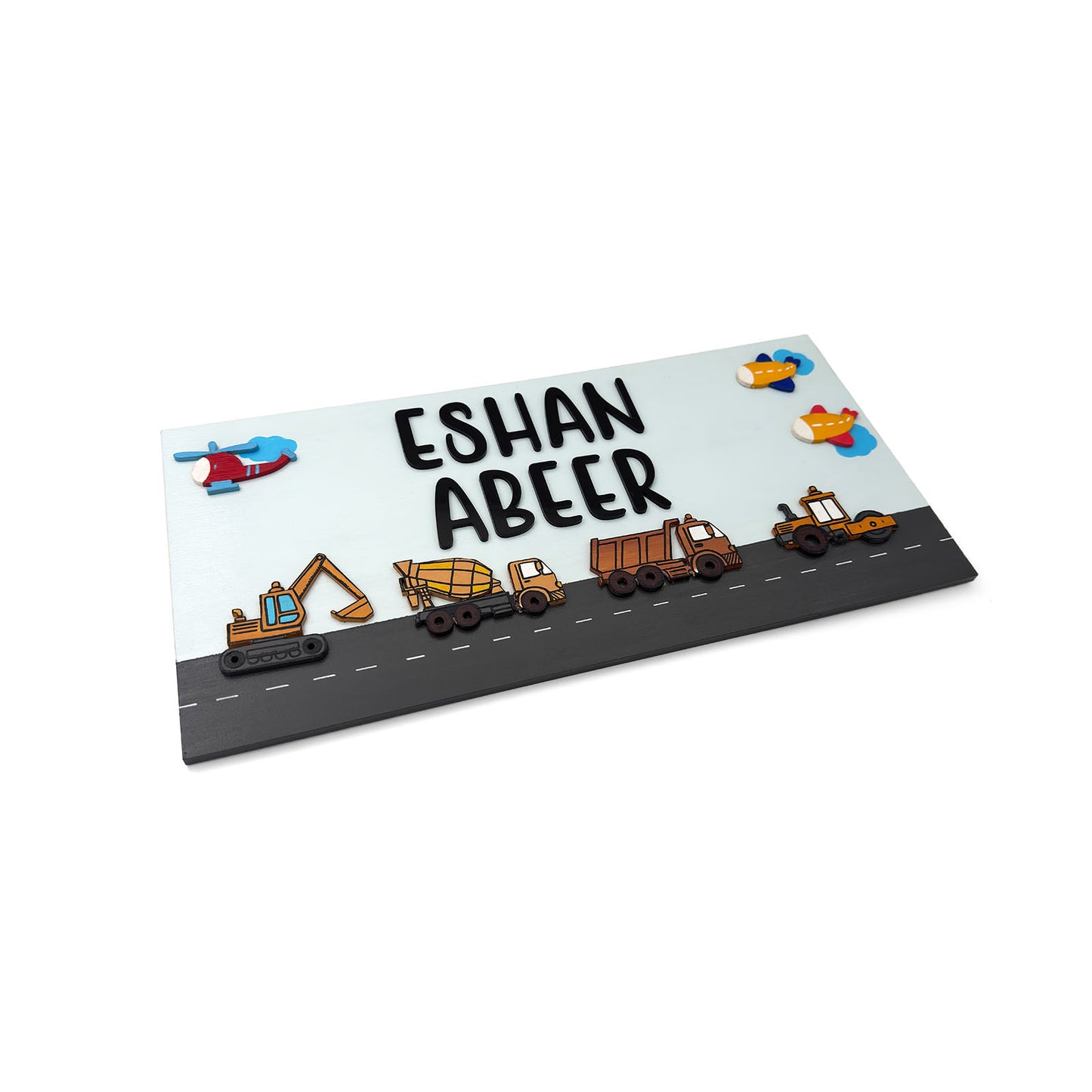 Construction Vehicles Themed Hand-Painted Wooden Kids Name Plate - Light Blue