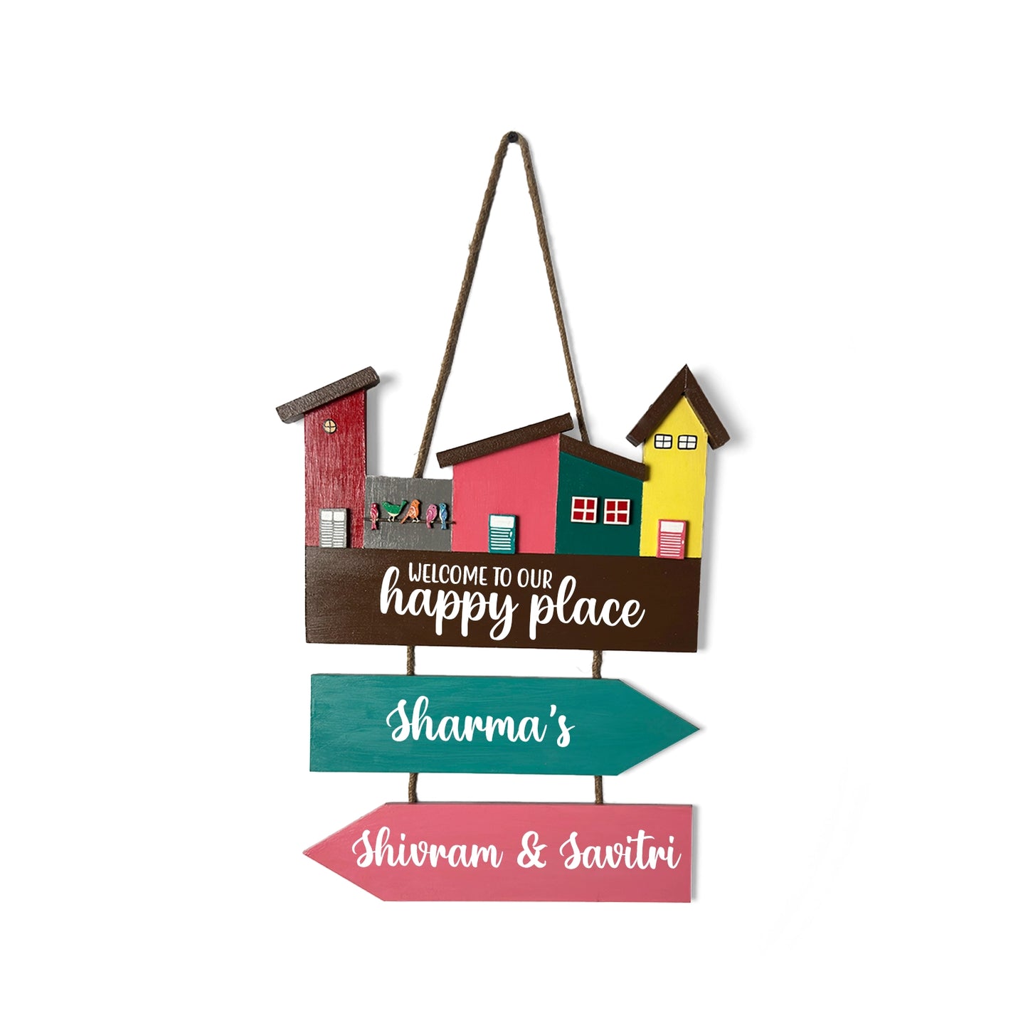 Hut-Shaped Hand-Painted Wooden Name Plate For Home - Hut Board & Two Planks Design 4