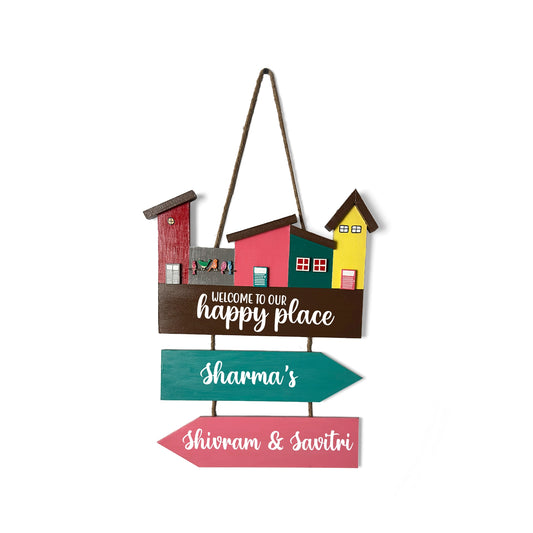 Hut-Shaped Hand-Painted Wooden Name Plate For Home - Hut Board & Two Planks Design 4