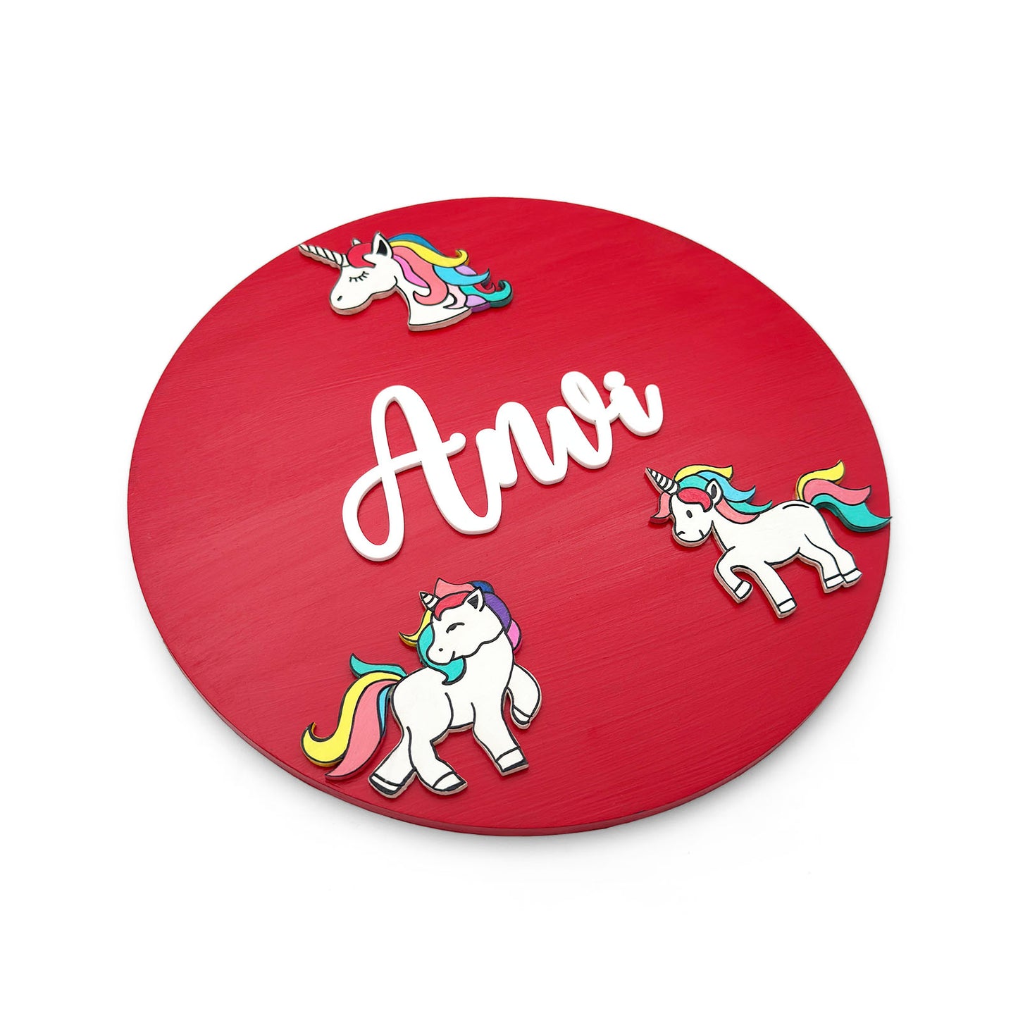 Unicorn Themed Hand-Painted Wooden Round Kids Name Plate - Design 1