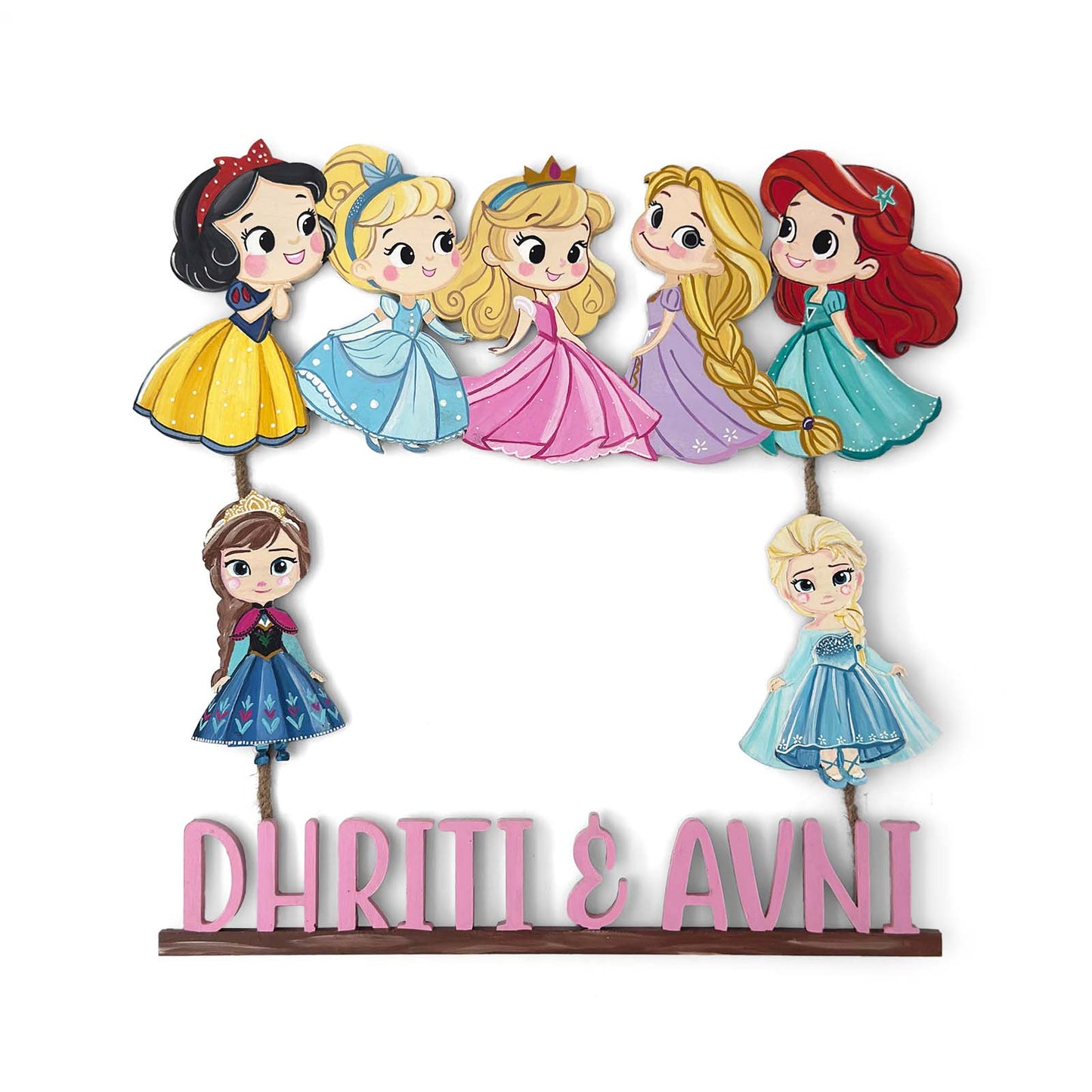 Disney Princess Themed Hand-Painted Wooden Kids Name Plate - Design 1