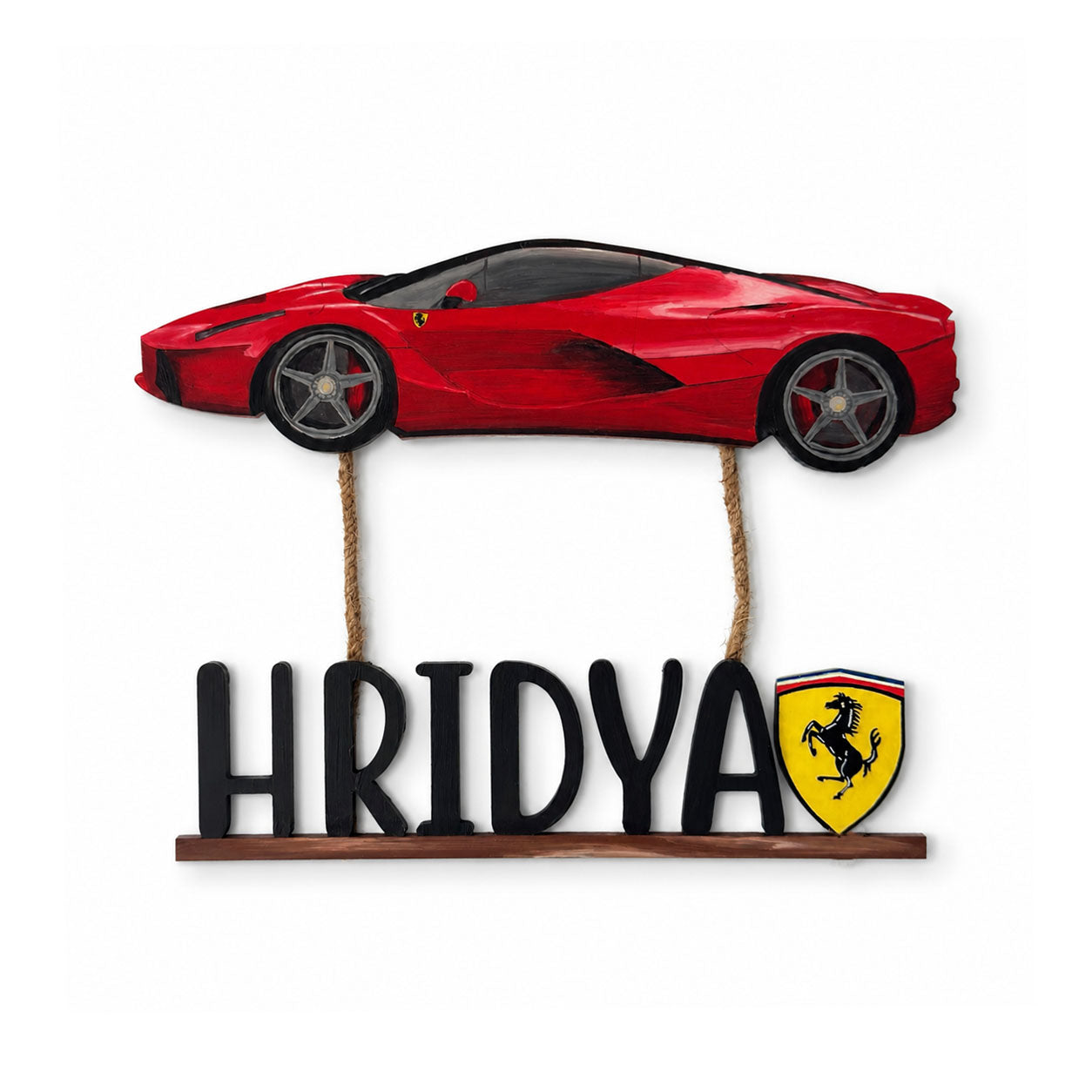 Ferrari Car Themed Hand-Painted Wooden Kids Name Plate - Design 1