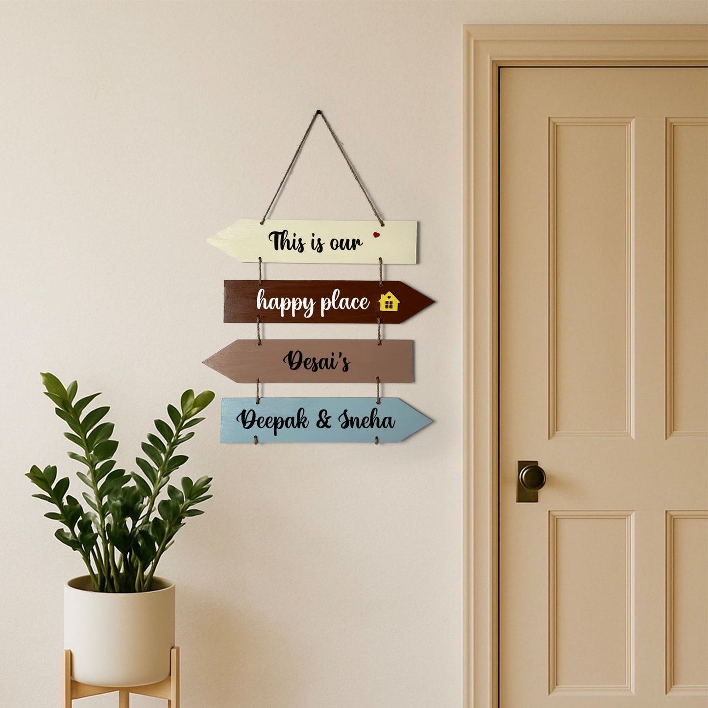 This Is Our Happy Place Hand-Painted Wooden Arrow Plank Name Plate For Home - Four Planks