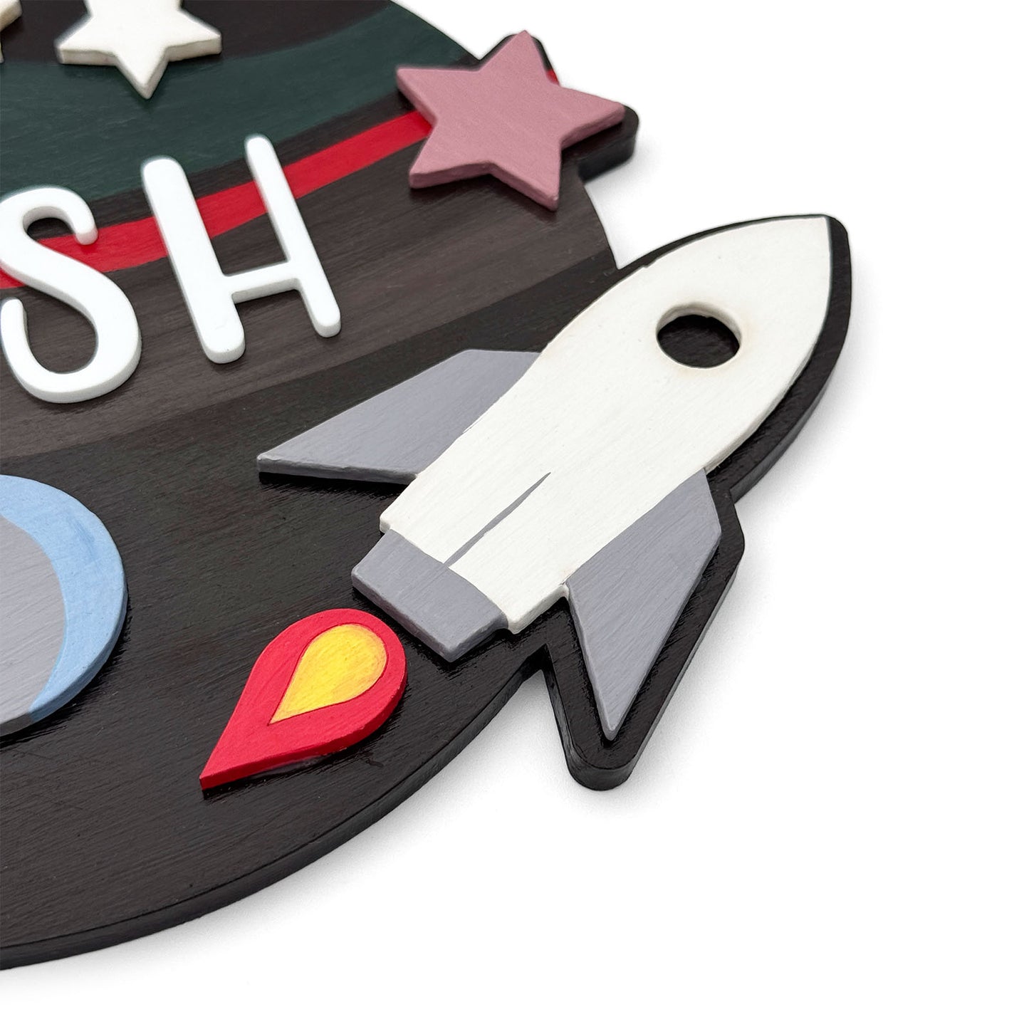 Space Themed Hand-Painted Wooden Kids Name Plate - Brown