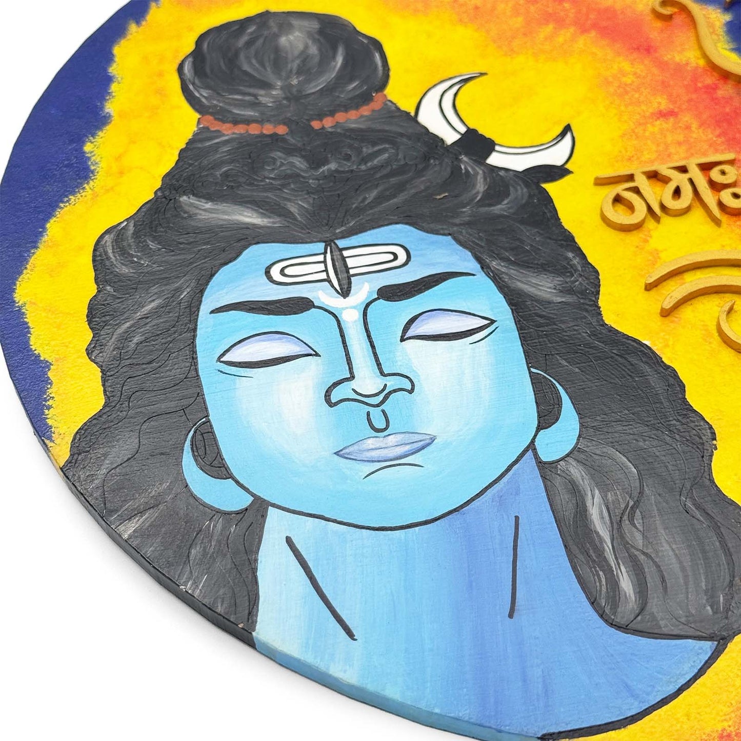 Om Namah Shivaya Hand-Painted Wooden Round Wall Hanging With Shiv Ji Image - Blue