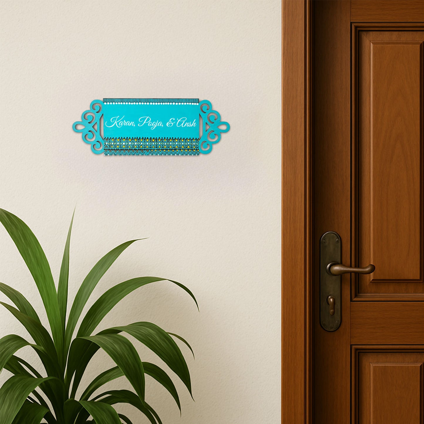 Geometric Artwork Hand-Painted Wooden Madhubani Name Plate For Home