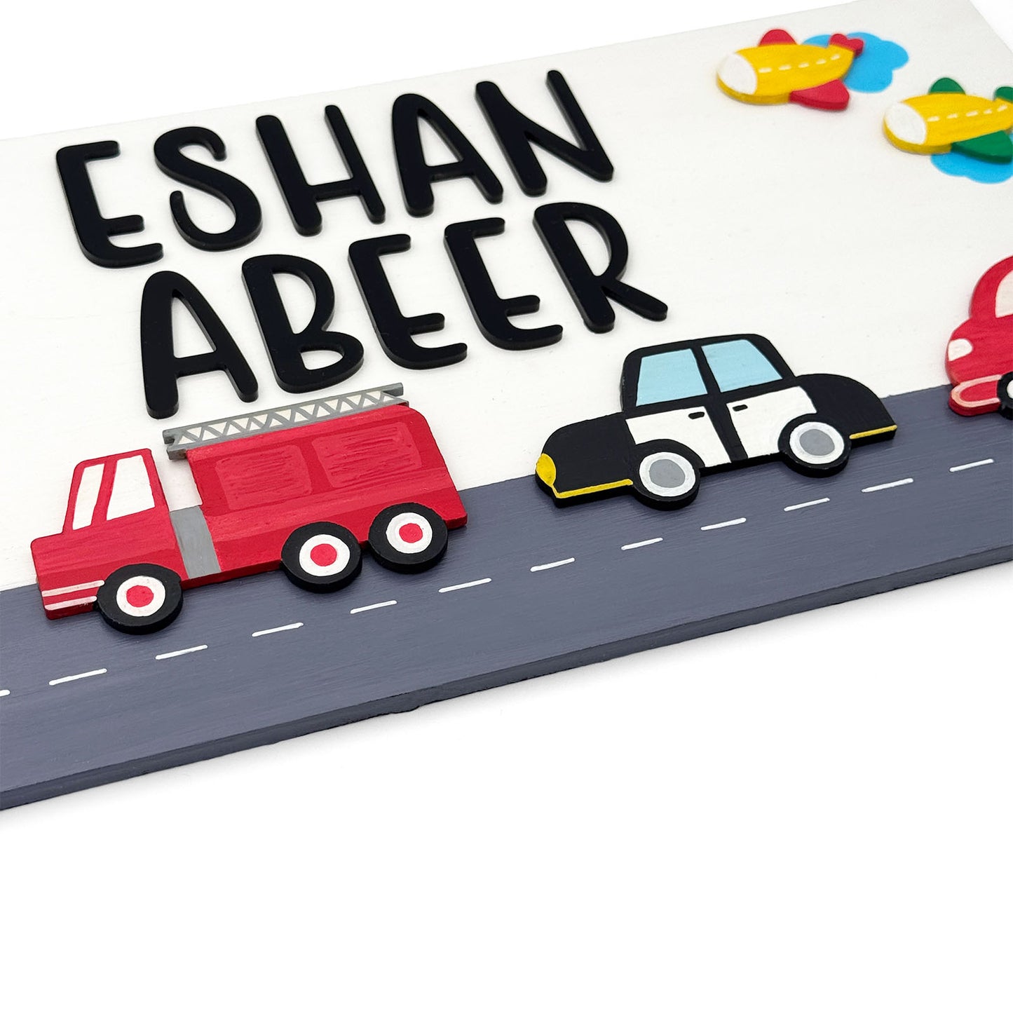 Vehicles Themed Hand-Painted Wooden Kids Name Plate - White