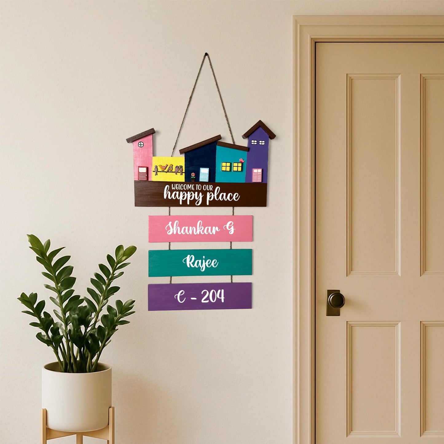 Hut-Shaped Hand-Painted Wooden Name Plate For Home - Hut Board & Three Planks Design 6