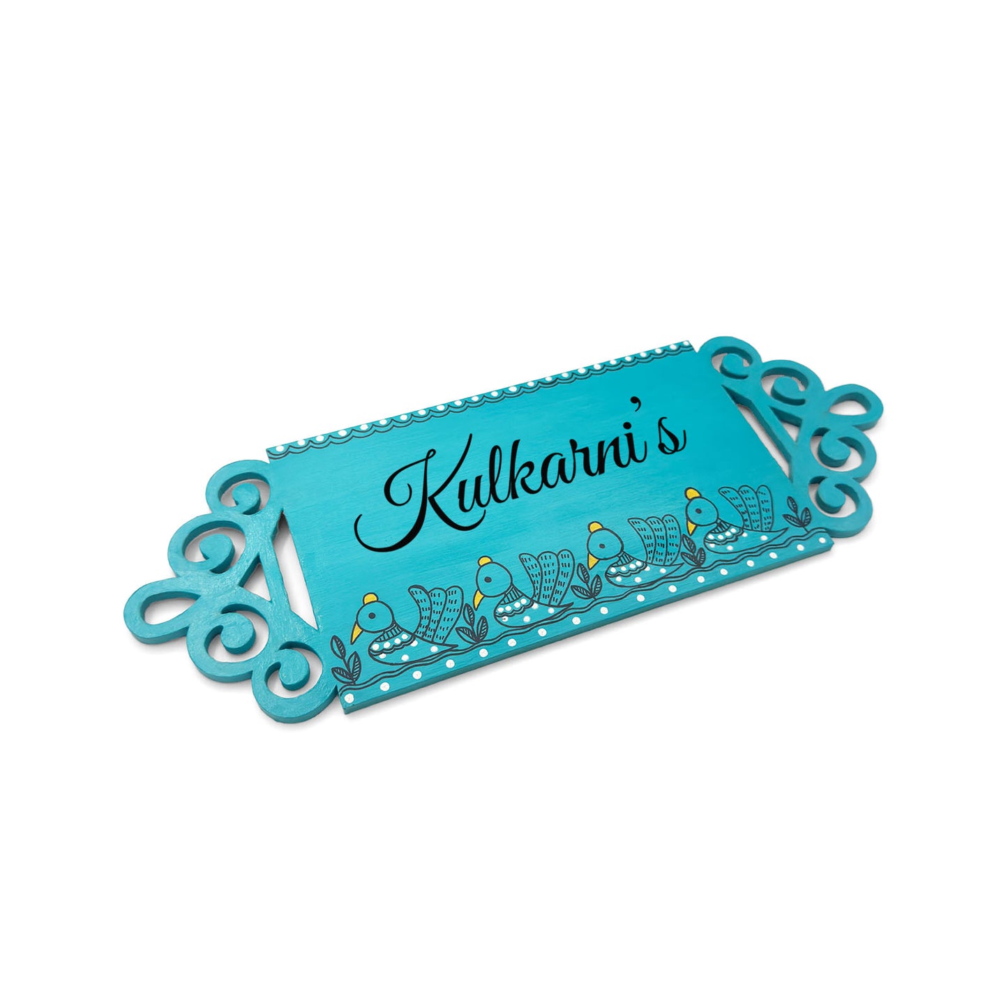 Peacock Artwork Hand-Painted Wooden Madhubani Name Plate For Home